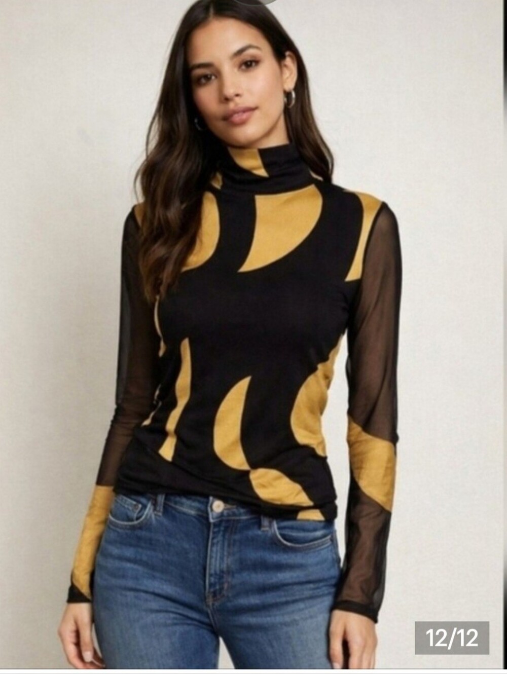 Bailey 44 Black Gold Abstract Sheer Sleeve Blouse Women Size Small Statement Top
